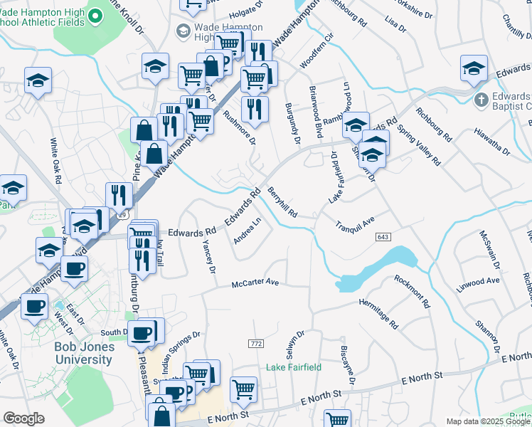 map of restaurants, bars, coffee shops, grocery stores, and more near 36 Valerie Drive in Greenville