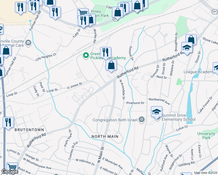 map of restaurants, bars, coffee shops, grocery stores, and more near 722 Rutherford Road in Greenville