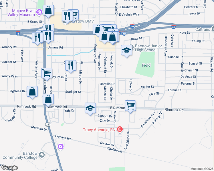 map of restaurants, bars, coffee shops, grocery stores, and more near 811 Mescal Drive in Barstow