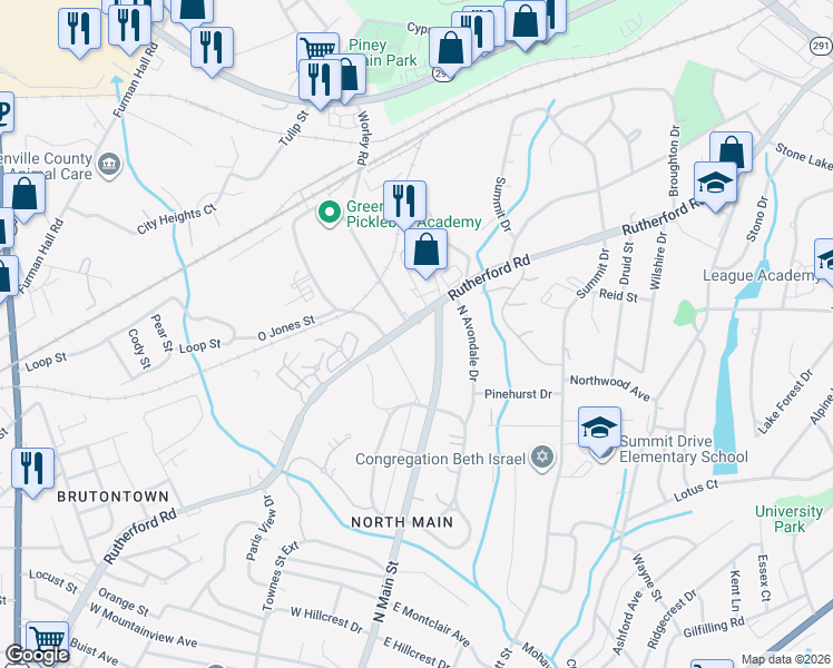 map of restaurants, bars, coffee shops, grocery stores, and more near 722 Rutherford Road in Greenville