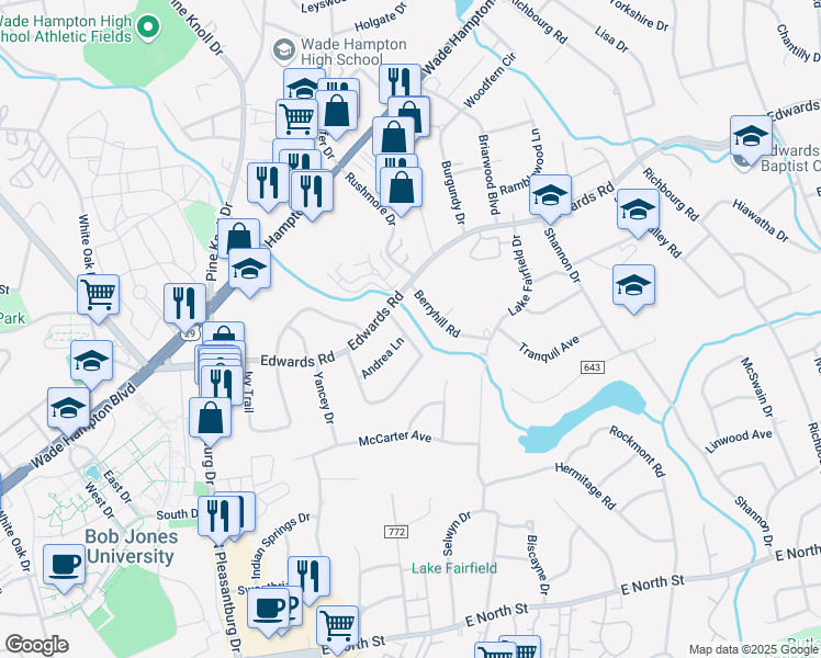 map of restaurants, bars, coffee shops, grocery stores, and more near 36 Valerie Drive in Greenville