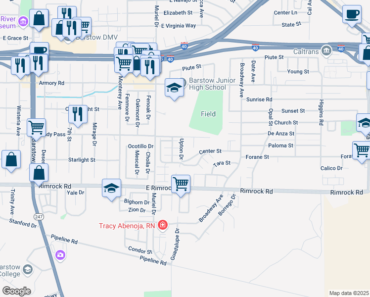 map of restaurants, bars, coffee shops, grocery stores, and more near 730 Karen Court in Barstow