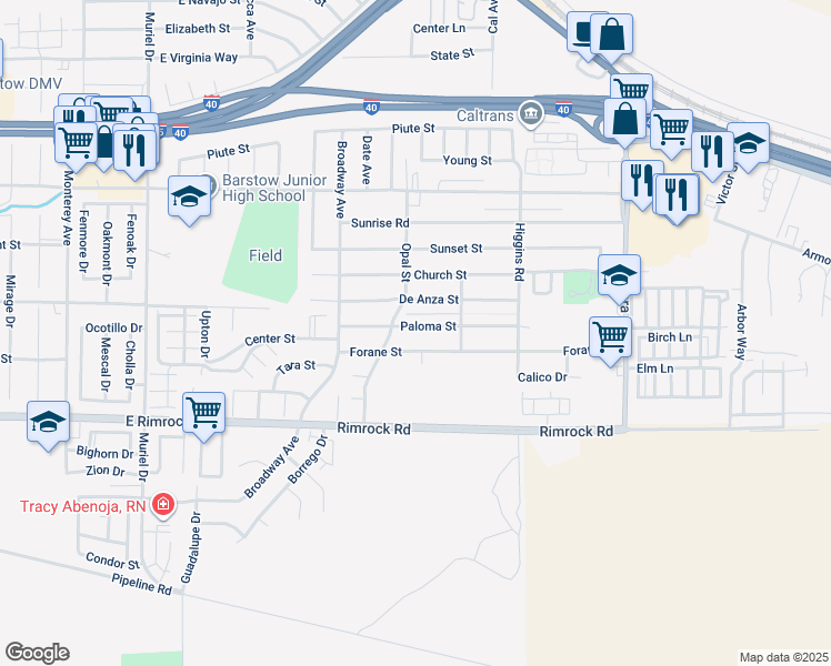 map of restaurants, bars, coffee shops, grocery stores, and more near 1616 Paloma Street in Barstow