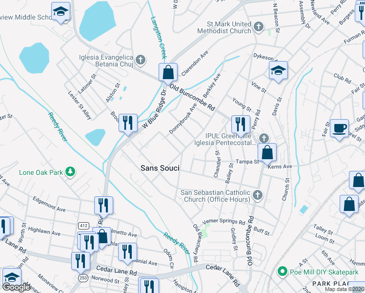map of restaurants, bars, coffee shops, grocery stores, and more near 300 South Franklin Road in Greenville