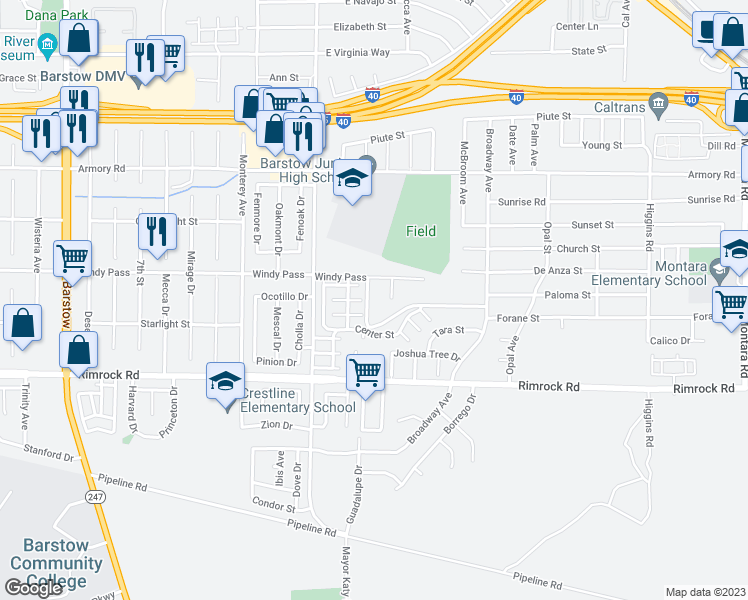 map of restaurants, bars, coffee shops, grocery stores, and more near 731 Upton Drive in Barstow