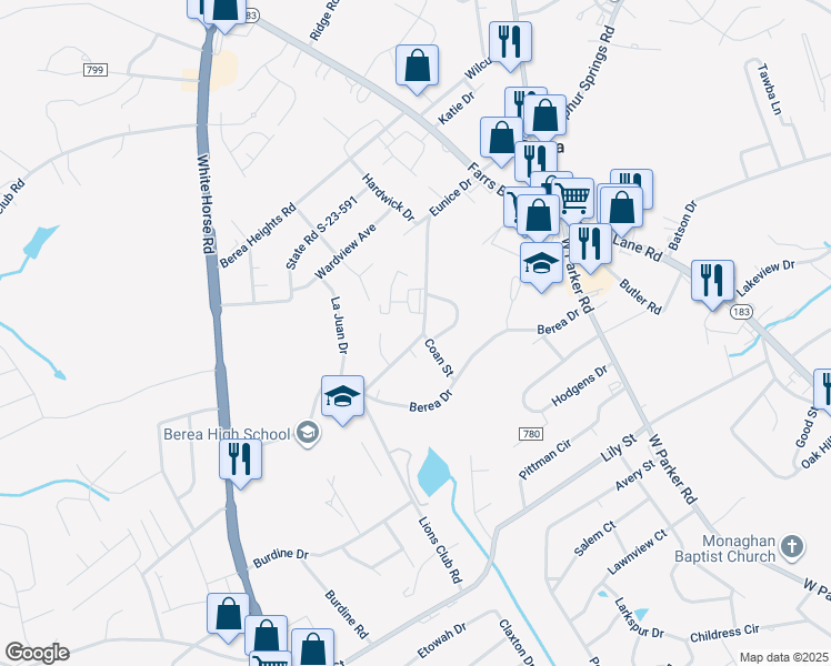 map of restaurants, bars, coffee shops, grocery stores, and more near 987 Eunice Drive in Greenville