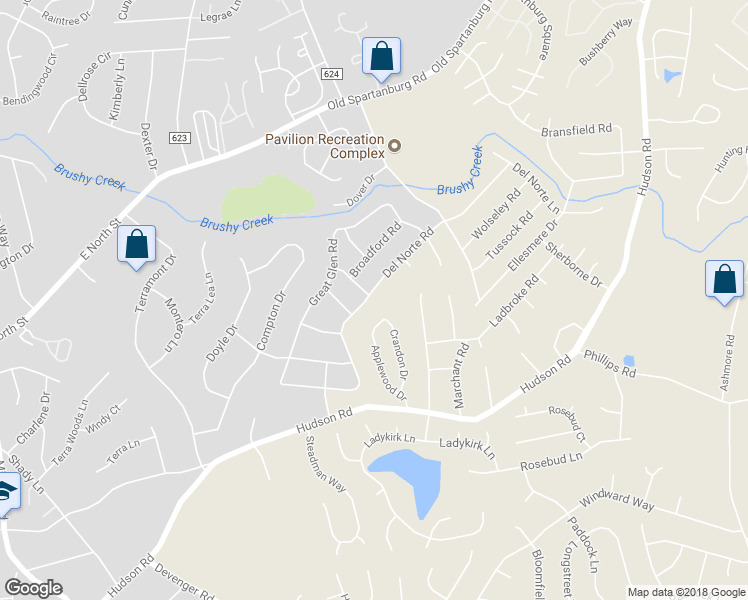 map of restaurants, bars, coffee shops, grocery stores, and more near 206 Del Norte Road in Greenville