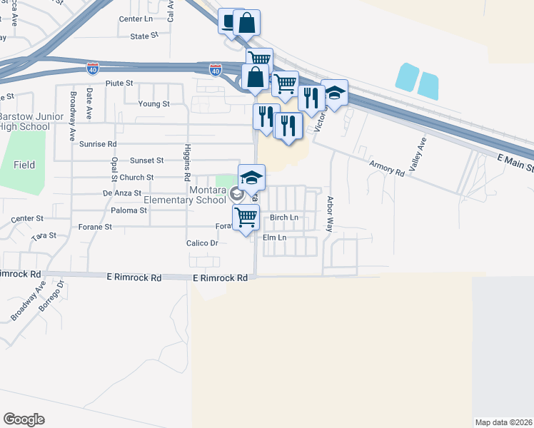 map of restaurants, bars, coffee shops, grocery stores, and more near Birch Lane in Barstow