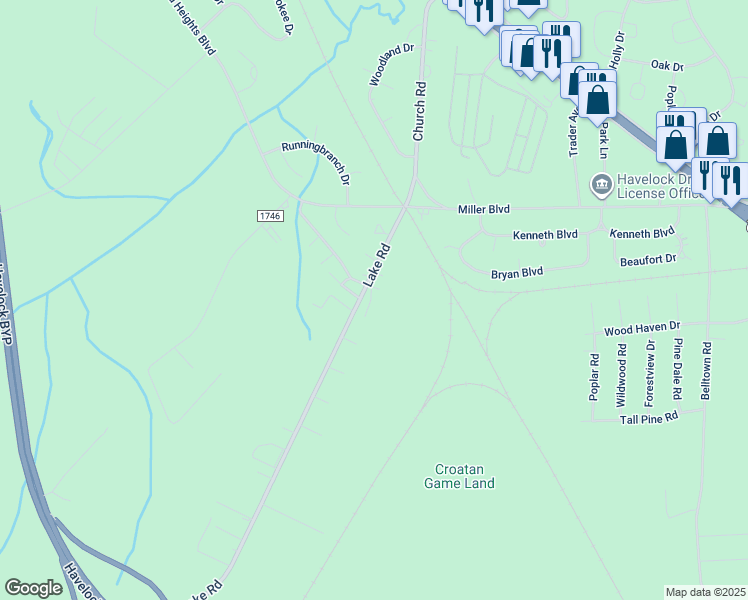 map of restaurants, bars, coffee shops, grocery stores, and more near 43 Lake Road in Havelock