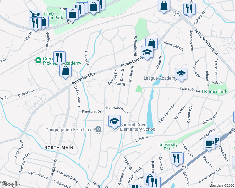 map of restaurants, bars, coffee shops, grocery stores, and more near 116 Druid Street in Greenville