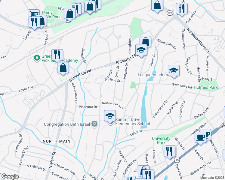 map of restaurants, bars, coffee shops, grocery stores, and more near 116 Druid Street in Greenville