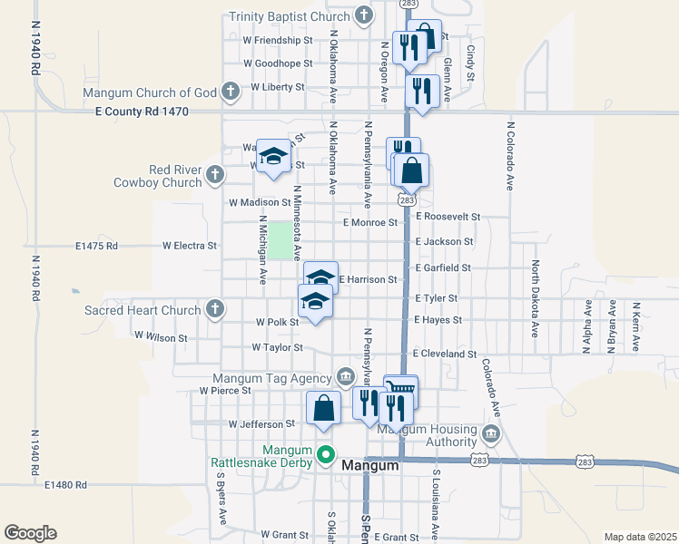 map of restaurants, bars, coffee shops, grocery stores, and more near 602 North Oklahoma Avenue in Mangum