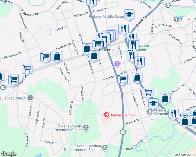 map of restaurants, bars, coffee shops, grocery stores, and more near 306 West Lee Street in Pickens