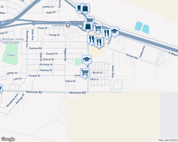 map of restaurants, bars, coffee shops, grocery stores, and more near 701 Montara Road in Barstow
