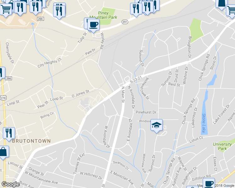 map of restaurants, bars, coffee shops, grocery stores, and more near 722 Rutherford Road in Greenville