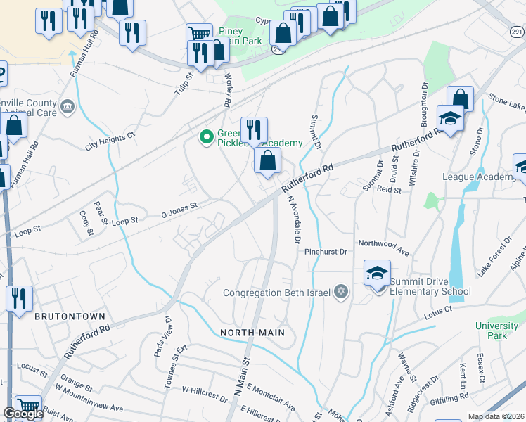 map of restaurants, bars, coffee shops, grocery stores, and more near 722 Rutherford Road in Greenville