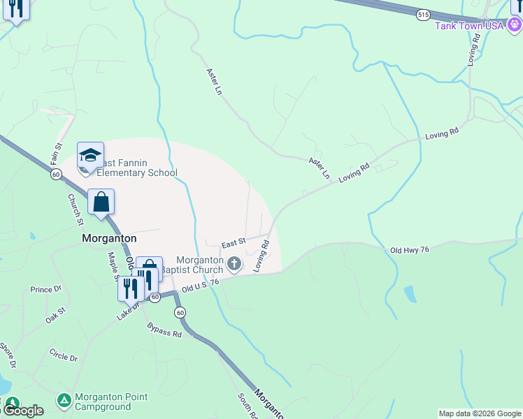 map of restaurants, bars, coffee shops, grocery stores, and more near 81 Jordan Lane in Morganton