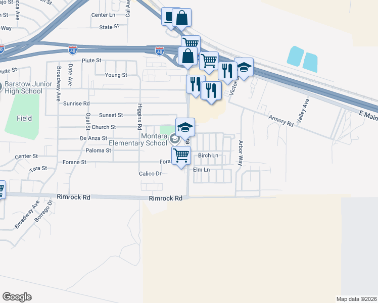 map of restaurants, bars, coffee shops, grocery stores, and more near 1941 Forane Street in Barstow