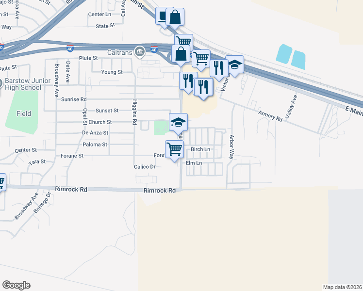 map of restaurants, bars, coffee shops, grocery stores, and more near 701 Montara Road in Barstow