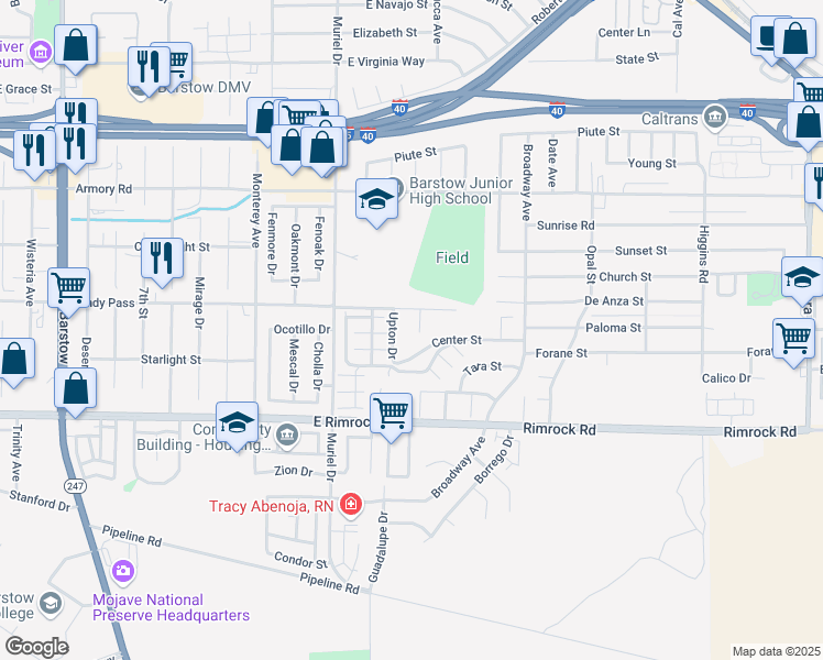 map of restaurants, bars, coffee shops, grocery stores, and more near 730 Karen Court in Barstow