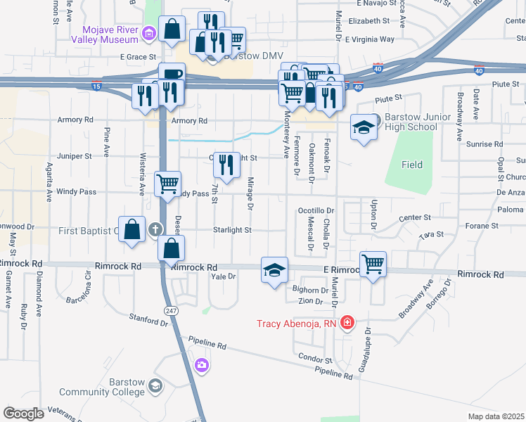 map of restaurants, bars, coffee shops, grocery stores, and more near 1230 Sunshine Drive in Barstow