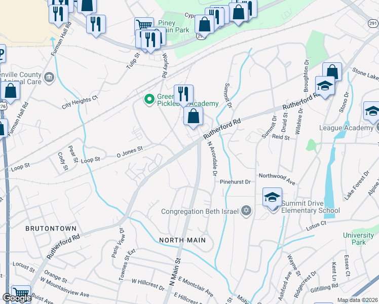 map of restaurants, bars, coffee shops, grocery stores, and more near 722 Rutherford Road in Greenville