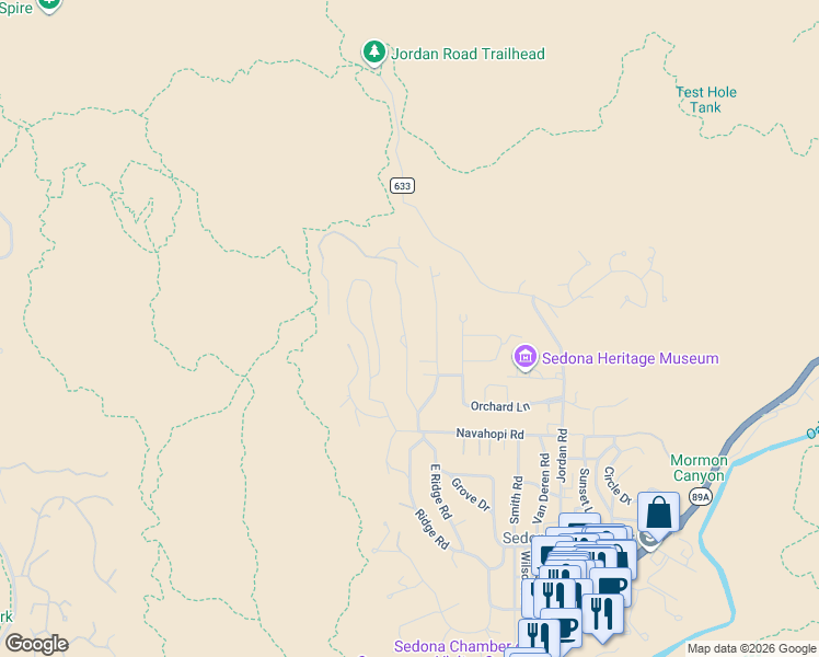 map of restaurants, bars, coffee shops, grocery stores, and more near 209 Navajo Trail in Sedona