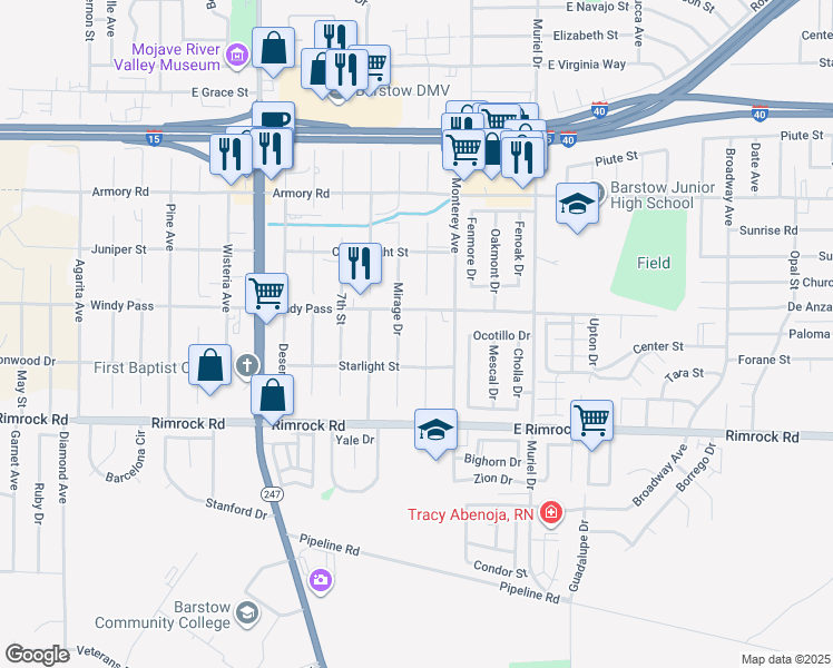 map of restaurants, bars, coffee shops, grocery stores, and more near 1230 Sunshine Drive in Barstow