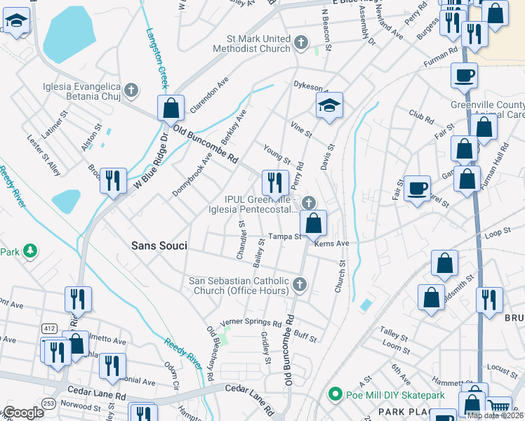 map of restaurants, bars, coffee shops, grocery stores, and more near 314 Bailey Street in Greenville