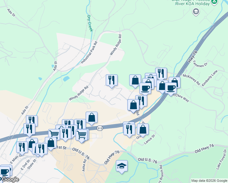 map of restaurants, bars, coffee shops, grocery stores, and more near 9 Lance Ln in Blue Ridge