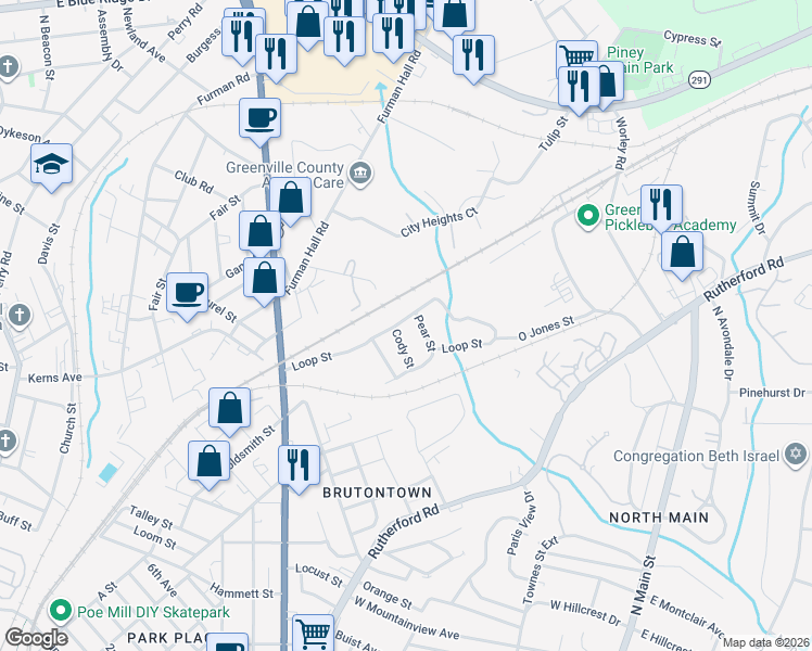 map of restaurants, bars, coffee shops, grocery stores, and more near 210 Loop Street in Greenville