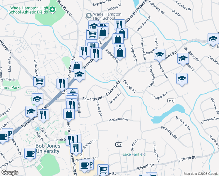 map of restaurants, bars, coffee shops, grocery stores, and more near 400 Edwards Road in Greenville