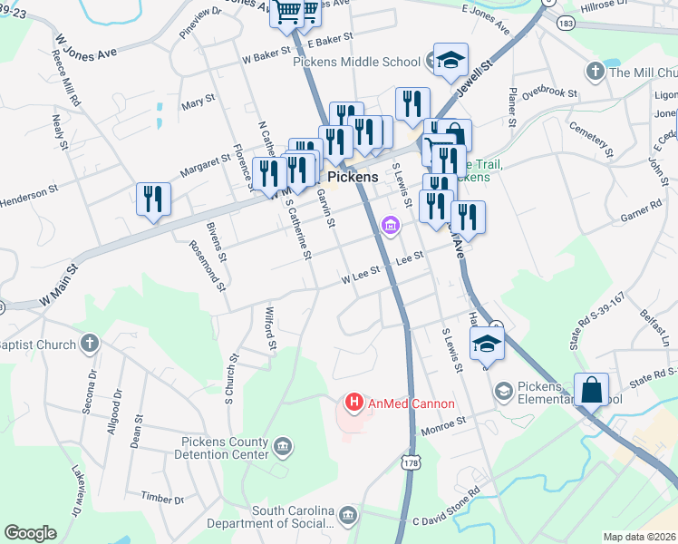 map of restaurants, bars, coffee shops, grocery stores, and more near 306 West Lee Street in Pickens