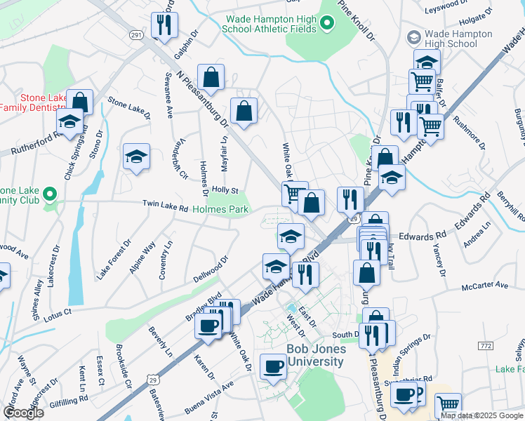 map of restaurants, bars, coffee shops, grocery stores, and more near 552 Twin Lake Road in Greenville