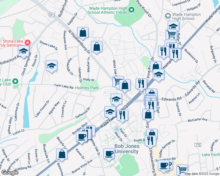 map of restaurants, bars, coffee shops, grocery stores, and more near 552 Twin Lake Road in Greenville