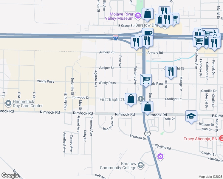 map of restaurants, bars, coffee shops, grocery stores, and more near 1230 Prairie Drive in Barstow