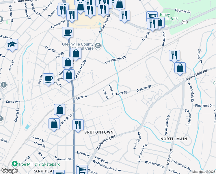 map of restaurants, bars, coffee shops, grocery stores, and more near 210 Loop Street in Greenville