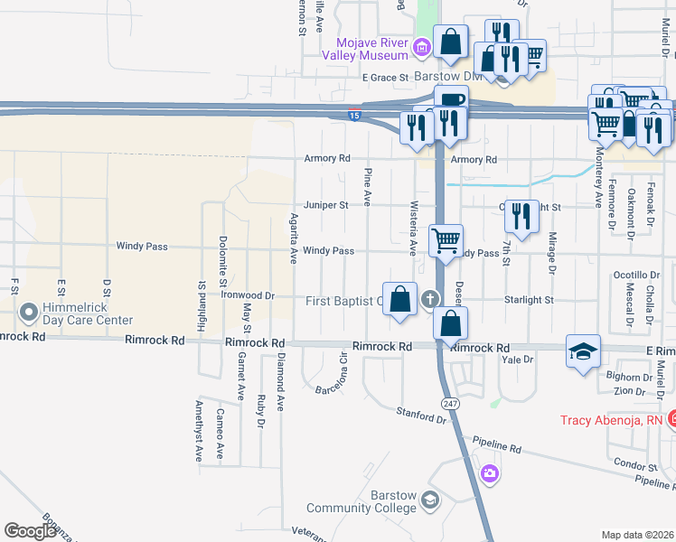 map of restaurants, bars, coffee shops, grocery stores, and more near 1230 Prairie Drive in Barstow