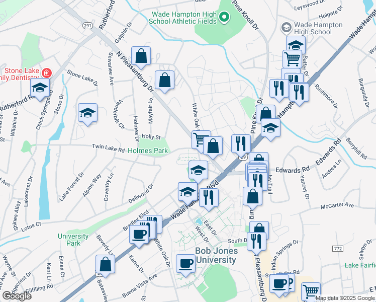 map of restaurants, bars, coffee shops, grocery stores, and more near 540 Twin Lake Road in Greenville