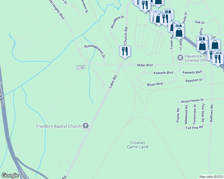 map of restaurants, bars, coffee shops, grocery stores, and more near 43 Lake Road in Havelock