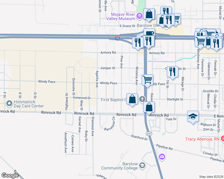 map of restaurants, bars, coffee shops, grocery stores, and more near 1230 Prairie Drive in Barstow