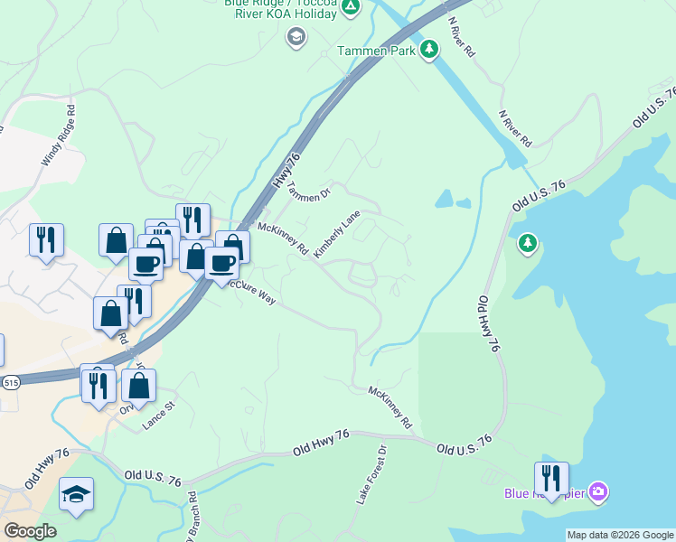 map of restaurants, bars, coffee shops, grocery stores, and more near 1-99 McKinney Road in Blue Ridge