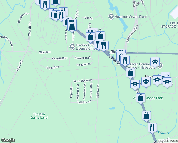 map of restaurants, bars, coffee shops, grocery stores, and more near 103-105 Pine Dale Road in Havelock