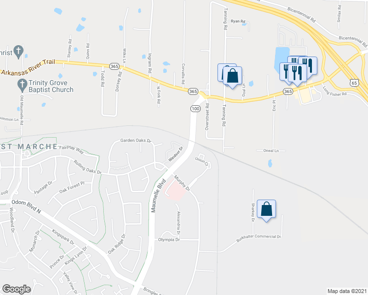 map of restaurants, bars, coffee shops, grocery stores, and more near 48 Windsor Drive in Maumelle