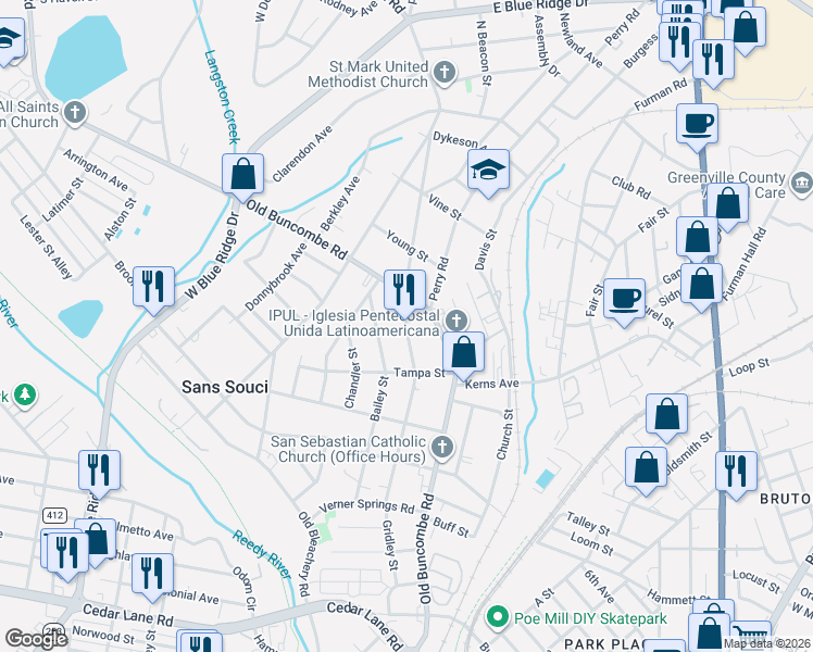 map of restaurants, bars, coffee shops, grocery stores, and more near 9 Gridley Street in Greenville