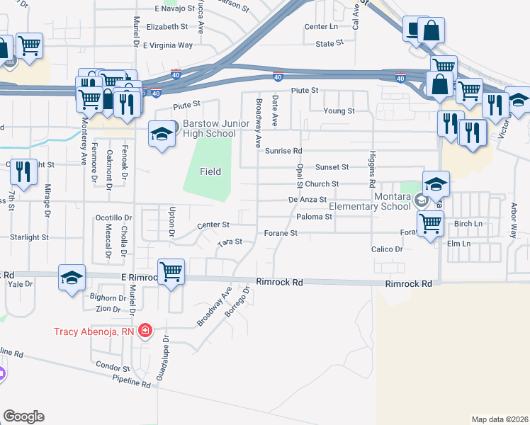 map of restaurants, bars, coffee shops, grocery stores, and more near 1504 Paloma Street in Barstow