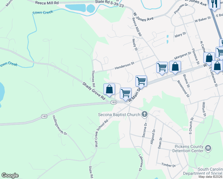 map of restaurants, bars, coffee shops, grocery stores, and more near 106 Durham Mill Road in Pickens