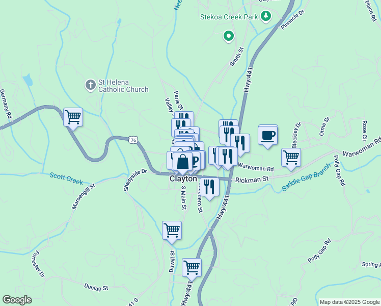 map of restaurants, bars, coffee shops, grocery stores, and more near 67-99 Oak Crescent Circle in Clayton