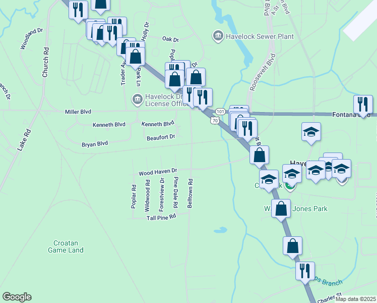 map of restaurants, bars, coffee shops, grocery stores, and more near 104 Belltown Road in Havelock