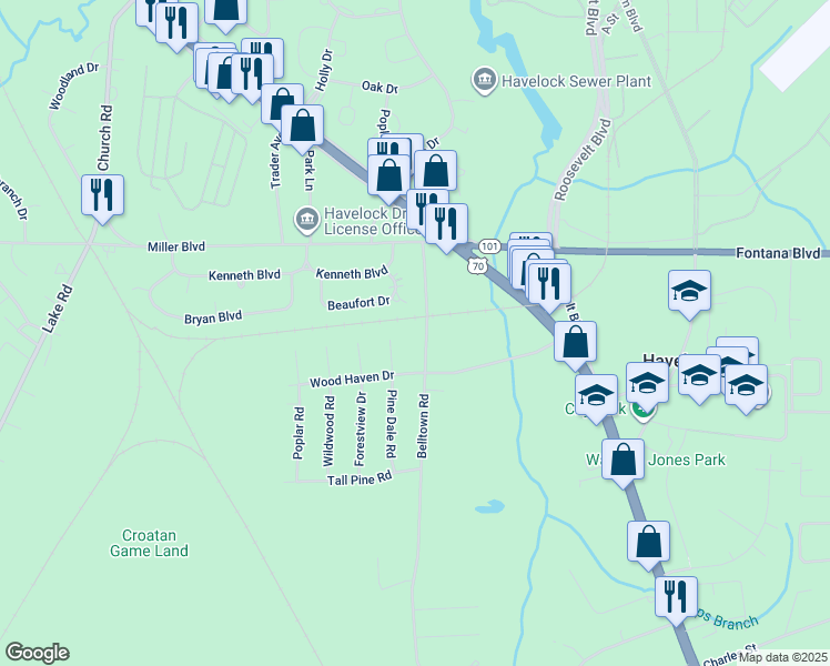 map of restaurants, bars, coffee shops, grocery stores, and more near 104 Belltown Road in Havelock